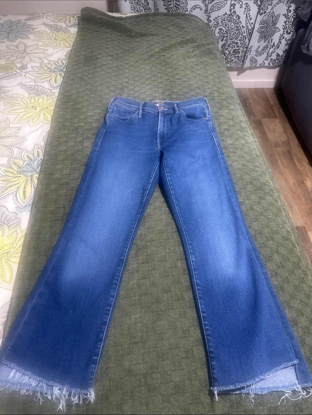 MOTHER Medium Blue Flare Jeans with Frayed Hem